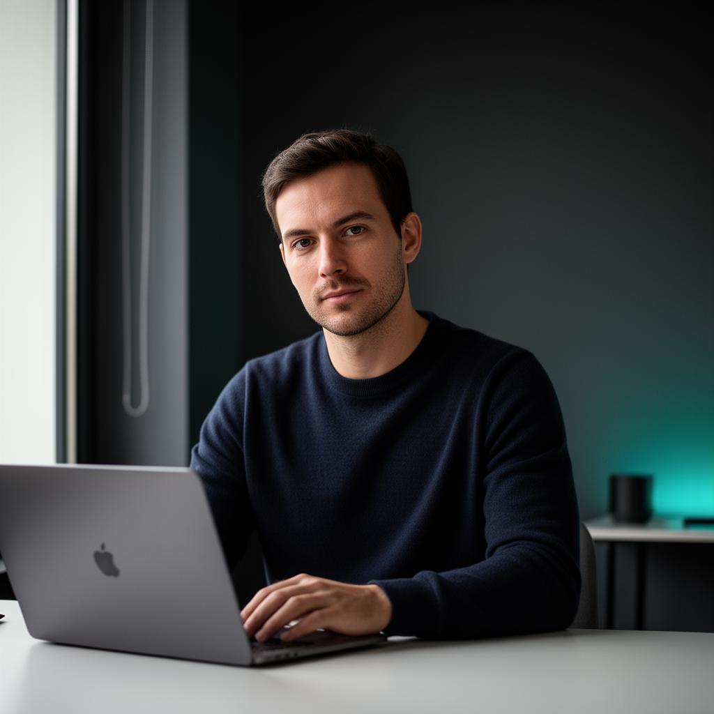 MK working at his studio desk